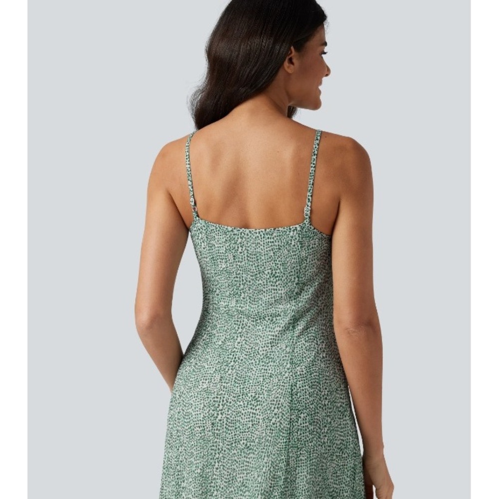 Halara Breezeful Green Polka Dot Maxi Dress Mesh Spaghetti Strap Womens Large - Picture 5 of 12